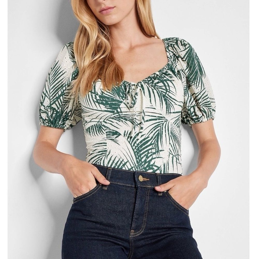 Express Palm Print Eyelet Puff Sleeve Tie Neck Thong Bodysuit Size XL